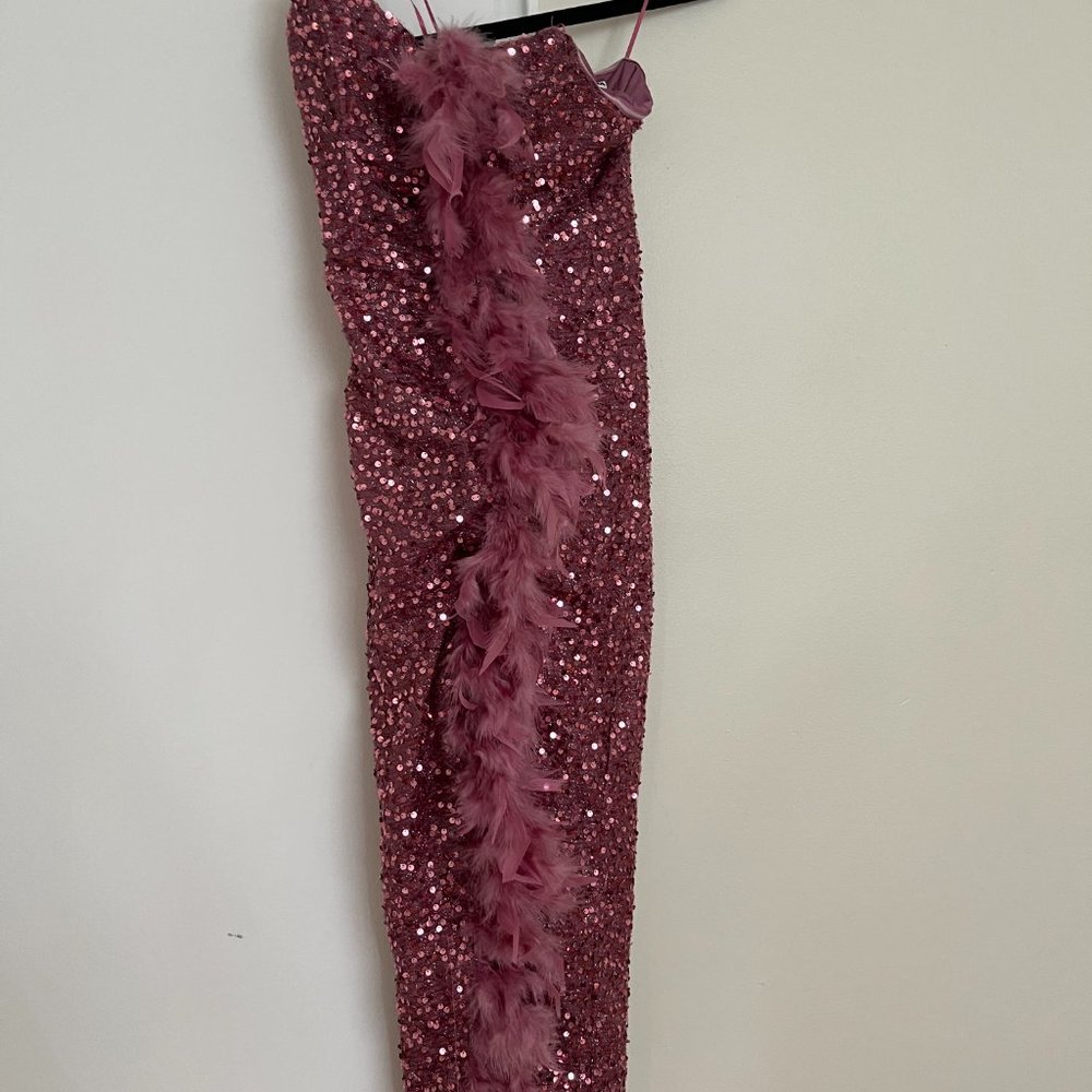 NWT Feathered Sequin Trim Midi Dress - Mauve - Picture 3 of 4